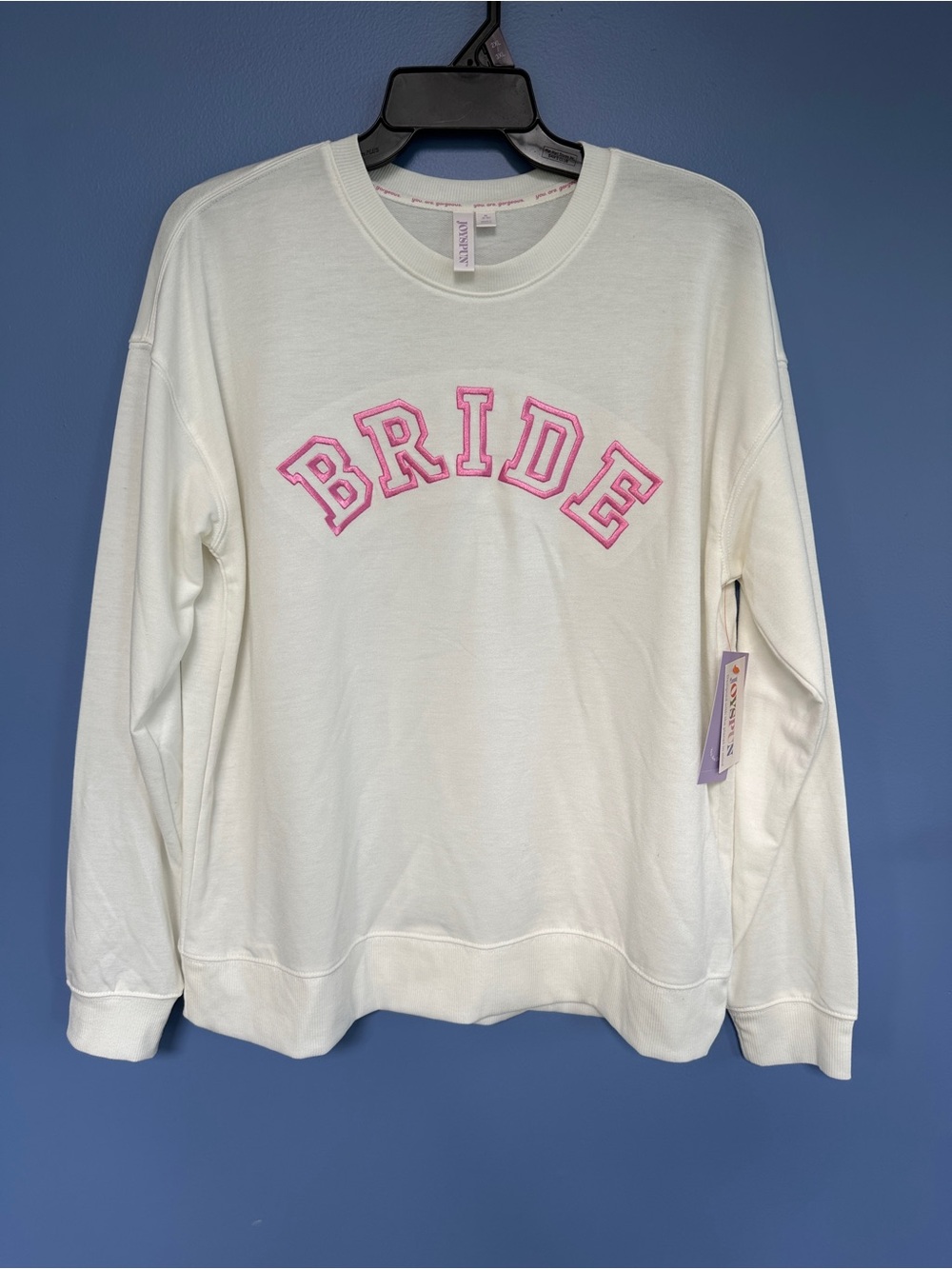 JoyLab Cream Crewneck Sweatshirt with Pink 'BRIDE' Appliqué